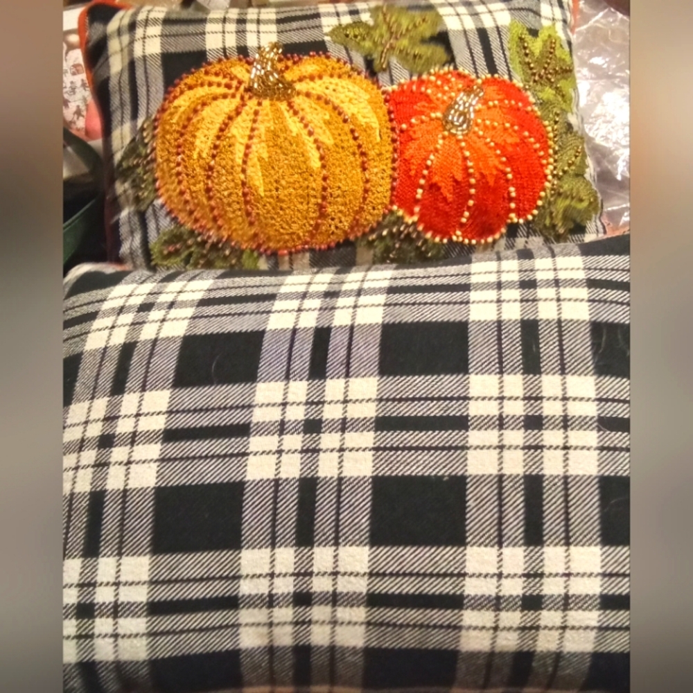 Harvest Pumpkin Plaid Accent Pillow Set Of 2 - Orange and Yellow - Picture 2 of 5